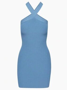 Aritzia Babaton Ribbed Bodycon Dress | Halter Mini Blue Date Night Dress Size L